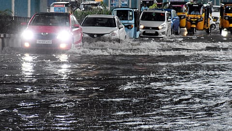 Flooded road in Tirupati due to incessant rainfall on Wednesday.