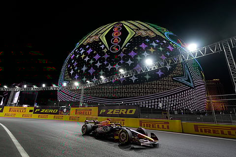 Red Bull driver Max Verstappen, of the Netherlands, drives past the Sphere during the Formula One Las Vegas Grand Prix auto race