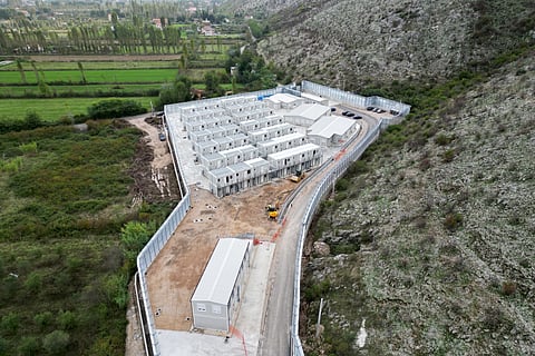 This aerial photo shows the site of a recently build Italian-run migrant centre at the port of Shengjin, some 60 kms northwest of Tirana, on October 11, 2024.