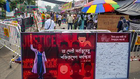 View of the 'dharna manch' where junior doctors are staging hunger strike over the alleged rape and murder of a trainee doctor, in Kolkata, West Bengal.