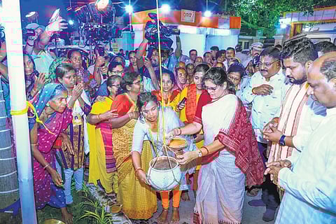 Deputy chief minister Pravati Parida inaugurates the habisyali brata programme at Brundabati Nivas in Puri | express