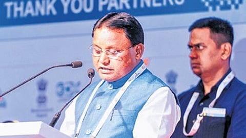 Chief Minister Mohan Charan Majhi addressing the industry leaders at IndiaChem 2024 in Mumbai