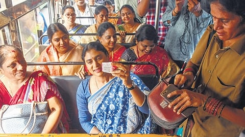 APCC chief YS Sharmila launched a postcard campaign, demanding free bus travel for women