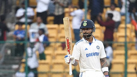 Virat Kohli of India celebrates his 50 runs during the test match between New Zealand v/s India.