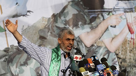 Yahya Sinwar talks during a rally in Khan Younis, southern Gaza Strip, on Oct. 21, 2011.