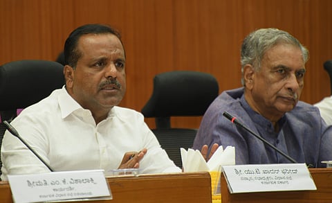 U T Khader and Basavaraj Horatti address a press conference in Belagavi