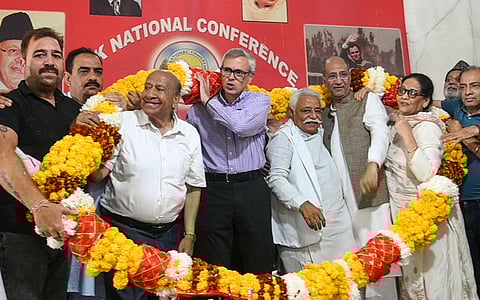 Jammu and Kashmir Chief Minister Omar Abdullah being felicitated during a meeting with Jammu and Kashmir National Conference (JKNC) workers at the party office, in Jammu.