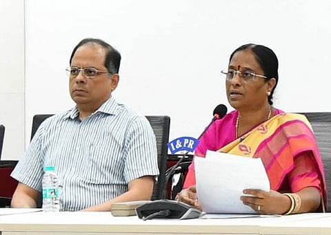 Endowments Minister Konda Surekha addresses the media at the Secretariat
