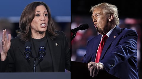(L-R) US presidential candidates Kamala Harris and Donald Trump speaks at their campaign rallies in Michigan on Friday, Oct. 18, 2024.