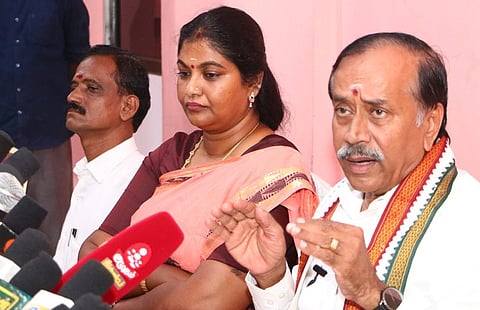BJP senior leader H Raja addressing the press meet in Vellore on Saturday