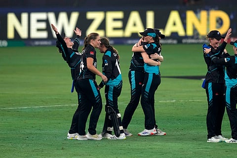 New Zealand's players celebrate after winning the ICC Women's T20 World Cup 2024 final match against South Africa at Dubai.