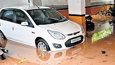 The flooded basement of an apartment complex in BEML Layout, in Rajarajeshwari Nagar in Bengaluru on Sunday;