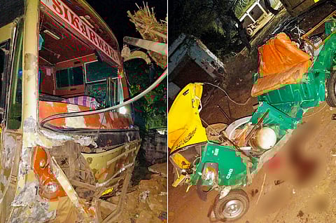 Pictures show the wreckage of the vehicles after a collision between a bus and an auto-rickshaw, in Dholpur, Rajasthan.