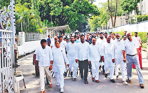 A BJP delegation, comprising the party’s MPs and MLAs came out after meeting Governor Jishnu Dev Varma in Raj Bhavan