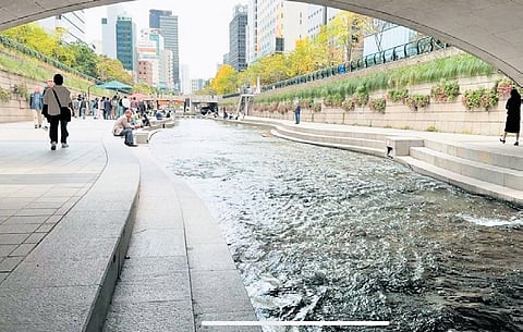 A view of the walkway along the Cheonggyecheon in Seoul, South Korea