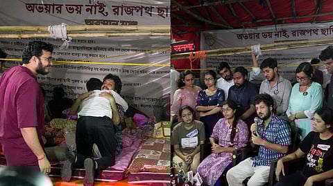 Dr Arnab Mukhopadhyay and other junior doctors address the media announcind withdrawal of their fast unto death over RG Kar Medical College rape and murder incident, in Kolkata, Monday.