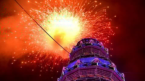 The main fireworks display of the Thrissur Pooram at the Thekkinkadu Maithanam.