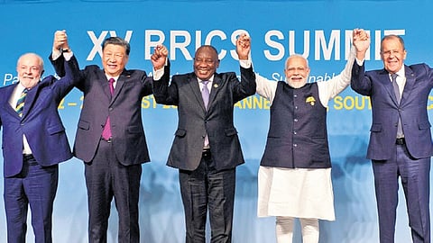 2023 BRICS summit, from left to right: Lula da Silva, Xi Jinping, Cyril Ramaphosa, Narendra Modi, and Sergey Lavrov