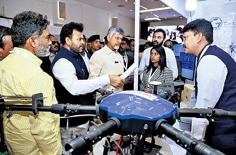 CM N Chandrababu Naidu and Civil Aviation Minister Kinjarapu Ram Mohan Naidu during the Amaravati Drone Summit on Tuesday