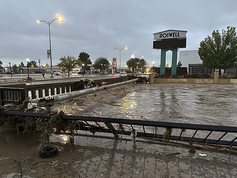 This image provided by Tom Hudgens shows flooding in Roswell, N.M., Monday, Oct 21, 2024.