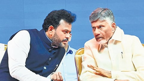 Chief Minister N Chandrababu Naidu with Union Civil Aviation Minister Kinjarapu Ram Mohan Naidu during the inaugural session of the Amaravati Drone Summit held at CK Convention in Mangalagiri