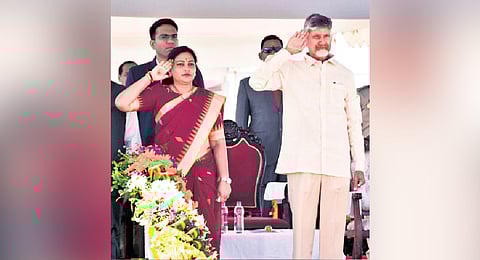 CM Chandrababu Naidu during the Police Commemoration Day fete at IGMC Stadium in Vijayawada