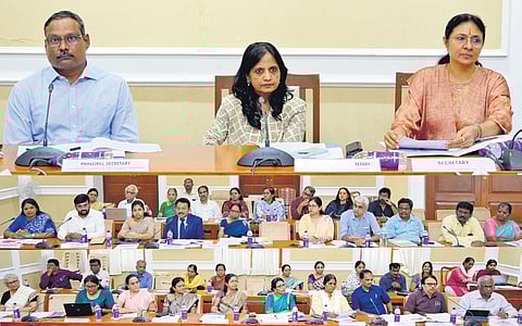 Health Secretary Supriya Sahu chairing the inaugural meeting of the state level task force on reducing maternal mortality rate on Tuesday