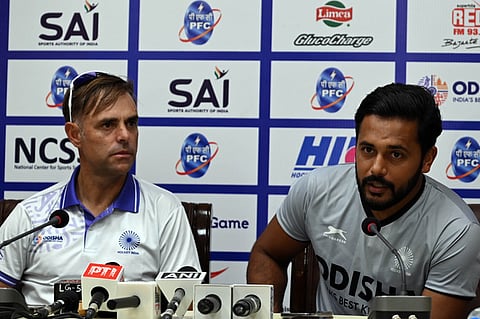 Indian men's hockey team captain Harmanpreet Singh and with coach Craig Fulton