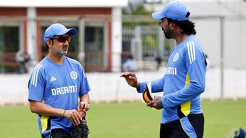 India's head coach Gautam Gambhir in conversation with batter KL Rahul during a practice session.