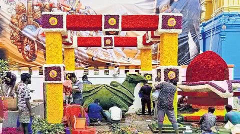 Decoration works going on in Hasanamba temple at Hassan