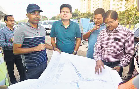 GHMC and HMDA commissioners Ilambarithi K and Sarfaraz Ahmed inspect flyover works in Hyderabad