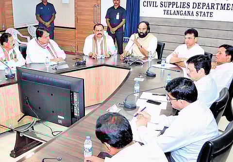 Minister N Uttam Kumar Reddy meets people’s representatives from the erstwhile Nizamabad district at the Civil Supplies Bhavan in Hyderabad on Wednesday
