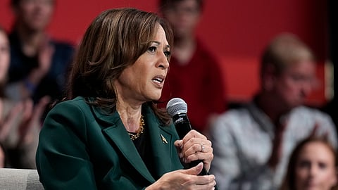 US Vice President Kamala Harris speaks during a town hall at Sharon Lynne Wilson Center for the Arts in Brookfield, Wisc., Monday, Oct. 21, 2024.