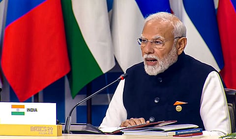 Prime Minister Narendra Modi speaks during BRICS Leaders' Summit, in Kazan, Russia, Wednesday, Oct. 23, 2024.