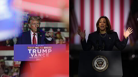(L) Republican presidential nominee Donald Trump speaks at a campaign rally in Greenville, N.C; (R)Democratic presidential nominee Kamala Harris speaks during a campaign event in Washington Crossing, Pa.