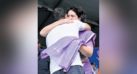 Priyanka and Rahul Gandhi hugging each other ahead of her speech at the public gathering at Gudalai in Wayanad on Wednesday