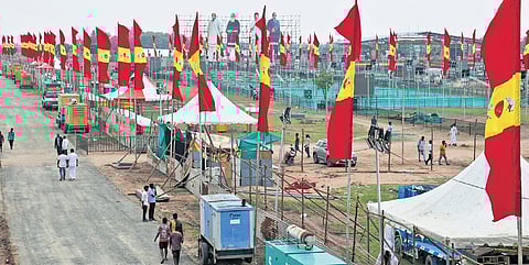 Arrangements being carried out at the venue of Tamilaga Vettri Kazhagam’s state conference on V Salai in Vikravandi