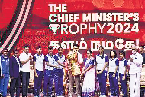 Chief Minister MK Stalin and Deputy Chief Minister Udhayanidhi Stalin taking part in a function to present shields to winners of the CM Trophy Games 2024