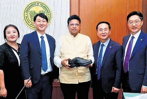 IT and Industries Minister D Sridhar Babu with Cheewing Lee, Chairman, Shoealls, a Korean company that manufactures smart shoes