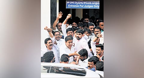 KT Rama Rao leaves after recording his statement at the Nampally courts in Hyderabad on Wednesday