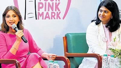 Sonali Bendre speaking at the GVK Health Hub's Make your pink mark event