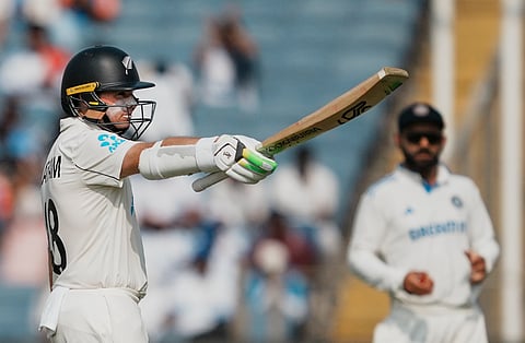 New Zealand's captain Tom Latham celebrates his half century on the second day of the second Test against India in Pune (Photo | PTI)