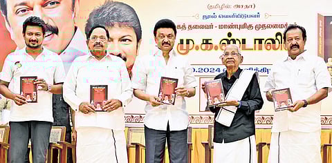 CM MK Stalin releasing a book written by minister K Ponmudi on Friday