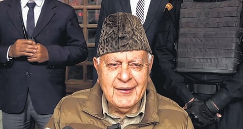 JKNC president Farooq Abdullah addresses the media in Srinagar.