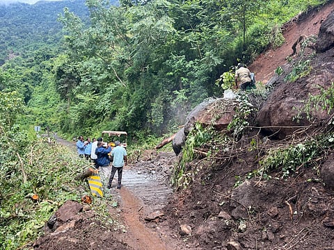 Three days ago, severe rain and strong winds created small landslides and pushed massive boulders from the slopes to the road.