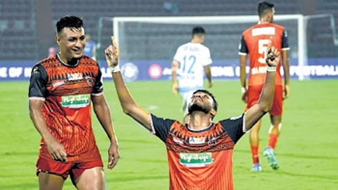 Macarton Louis Nickson of NorthEast United FC celebrates after scoring