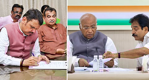 Union minister Nitin Gadkari looks on as Maharashtra Deputy CM Devendra Fadnavis files his nomination papers; (R) Congress president Mallikarjun Kharge and KC Venugopal during the CEC meeting ahead of Maharashtra assembly polls.