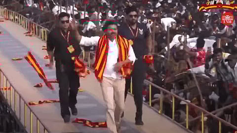 Actor and founder of TVK Vijay arrives at the public rally at Vikravandi