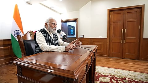 Prime Minister Narendra Modi during the recording of his monthly radio program 'Mann Ki Baat', in New Delhi.