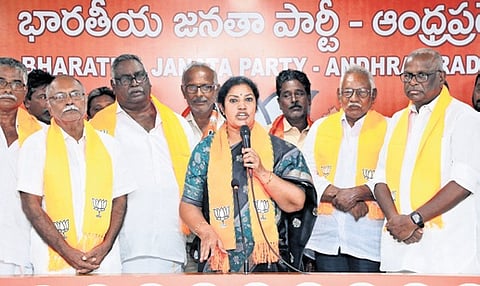 Purandeswari in a gathering held in Vijayawada.